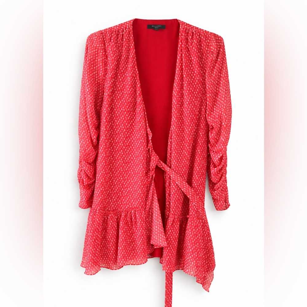 AllSaints Red Long-Sleeve V-Neck Tiered Dress